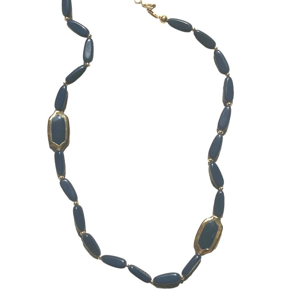 Vintage Napier Blue Resin Gold Tone Beaded Station Necklace 16” L Red White Blue